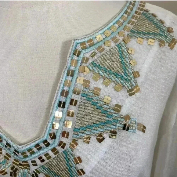 INC International Concepts Beach 100% Linen Turquoise/Gold Embroidered Top Sz L - Picture 7 of 7